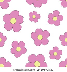 Hand Drawn Cute Fun Flowers seamless pattern, trend print for textile spring summer Vector illustration