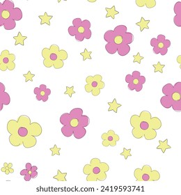 Hand Drawn Cute Fun Flowers seamless pattern, trend print for textile spring summer Vector illustration