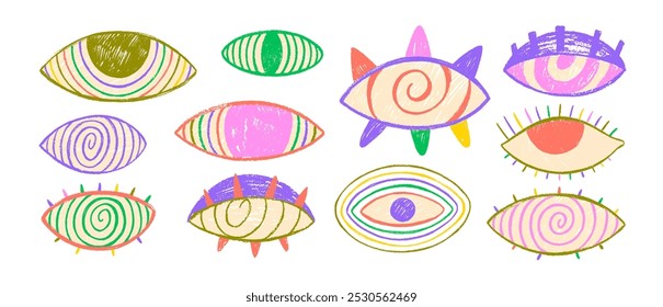 Hand drawn cute funky psychedelic eyes collection. Crayon drawn doodle girly eyes for mixed media design and collages. Colorful vector ink illustration, grunge punk crazy art.