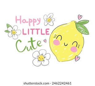 Hand Drawn cute funny cartoon illustration with lemon and flowers vector, T-Shirt design for kids.