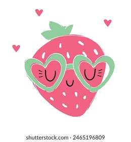 Hand Drawn cute funny cartoon illustration with Strawberry and glasses  vector, Kids print art