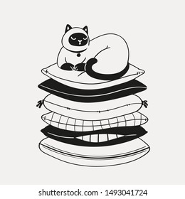 Hand drawn cute funny cat illustration use for cards, print. Scandinavian style pretty pet in cartoon style black on white background. Collection of adorable pretty purebred pet animal