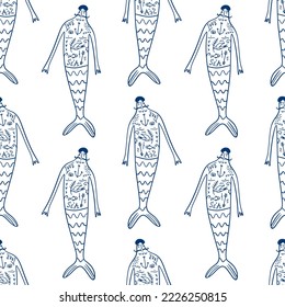 Hand drawn cute funny handsome hipster mermaid tattooed boys. Seamless pattern on white background. Line contour doodle cartoon fairytale groovy drawings. Father day concept. Vector clipart