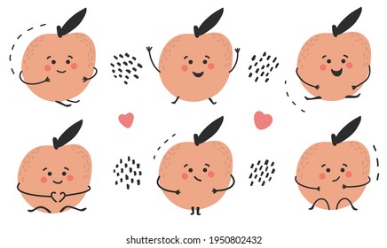 Hand drawn cute funny happy peach set. Childish cheerful character. Healthy fruit collection. Sweet and tasty. Vector illustration on white background
