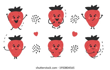 Hand drawn cute funny happy red strawberry set. Childish cheerful character. Healthy fruit collection. Sweet and tasty. Vector illustration on white background