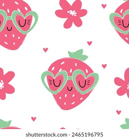 Hand Drawn cute funny illustration with Strawberry and glasses  vector, Kids print Pattern Seamless Vector 