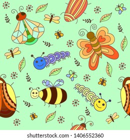 Hand drawn cute and funny insects. Creative seamless pattern, cartoon style