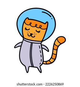 Hand drawn cute funny nursery astronaut red ginger cat in space. Isolated object on white background. Line contour colored doodle cartoon cosmic celestial animal style drawing. Little explorer concept