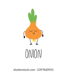 Hand drawn Cute funny onion character for kids. Vegetable card with its name. Vector illustration. 