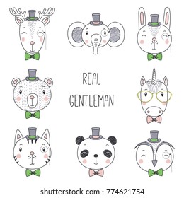 Hand drawn cute funny portraits of cat, bear, panda, bunny, deer, unicorn, owl, elephant boys in bow ties and top hats. Isolated objects on white background. Vector illustration. Design concept kids.
