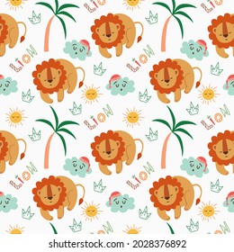 Hand drawn cute funny sleepig lion seamless pattern vector design. Animal background, nature pattern, kids fashion pattern, backdrop, wallpaper, wrapping paper etc.