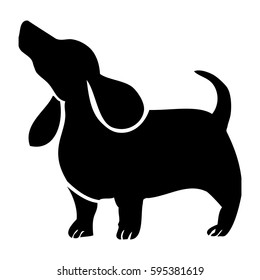 Hand Drawn Cute Funny Wiener Or Sausage Dog Vector With Big Floppy Ears And Wagging Tail, Fat Dachshund Doxie In Black Howling Silhouette Design