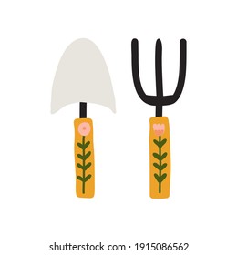 Hand drawn Cute garden elements spade and pitchfork with flowers illustration.