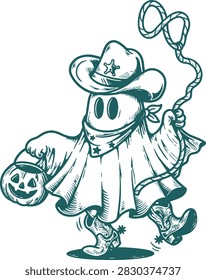 Hand Drawn Cute Ghost Cowboy, Western Halloween Jack O Lantern, Vintage Carving Spooky Design, Cowboy Ghost Vector Illustration