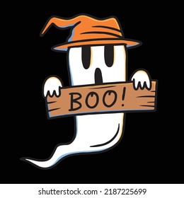Hand Drawn Cute Ghost with Halloween Sign Illustration