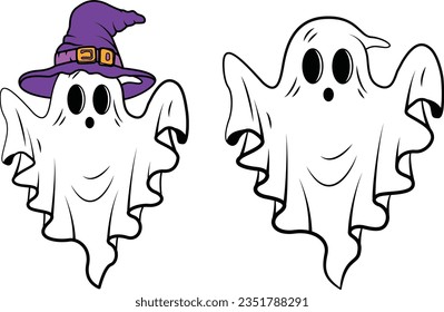 Hand drawn cute ghost halloween, Ghost with hat, Ghost isolated vector.