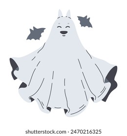 Hand drawn cute ghost. Halloween cheerful ghost with bats, spooky flying phantom flat vector illustration. Halloween ghost character