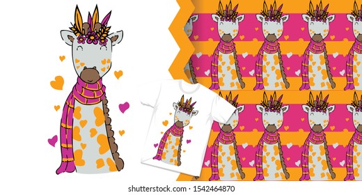 hand drawn cute giraffe with pattern set