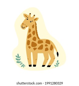 Hand drawn cute giraffe in scandinavian style with plant. Vector flat illustration. Concept for children print, baby clothes, postcards, baby shower, poster, party