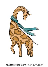 Hand drawn cute giraffe in a scarf isolated on white background.  Template for card, poster, banner, print for t-shirt. Colorful vector illustration.