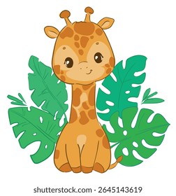 Hand Drawn Cute Giraffe with Tropical Leaves Baby Jungle Animal Vector Illustration