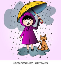 hand drawn cute girl with cat and umbrella
