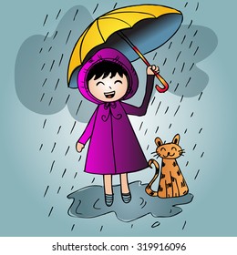 hand drawn cute girl with cat and umbrella