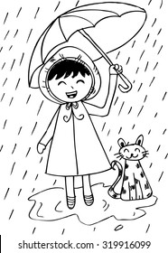 hand drawn cute girl with cat and umbrella