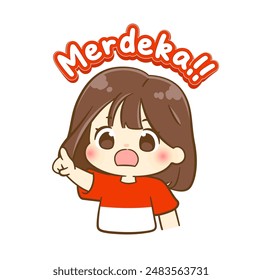 Hand drawn Cute girl celebrate indonesia independence day merdeka