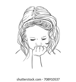 Hand drawn cute girl face with lowered eyes in pensive pose with chin on hand, Vector sketch isolated on white background, Line art illustration