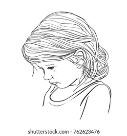 Hand drawn cute girl face with lowered eyes, Vector sketch isolated on white background, Line art illustration