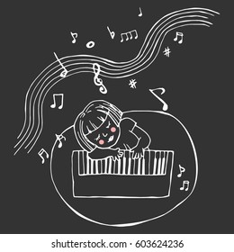 Hand Drawn Cute Girl with Piano and Music Notes
