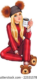 Hand drawn cute girl sitting in pajamas and plush slippers holding a cup of hot drink in her hand