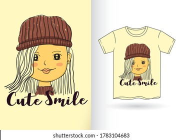 Hand drawn cute girl for t shirt