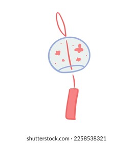 Hand drawn cute glass furin artwork, Japanese traditional wind chime with pink sakura ornament. Vector illustration EPS 10