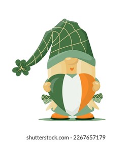 Hand drawn cute gnome girl in St Patrick's disguise with heart in ireland flag colours. Irish gnome with shamrocks on hat for good luck. Vector illustration for cards, decor, shirt design, invitation