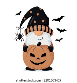 Hand drawn cute gnome in Halloween disguise with a pumpkin in his hands. T shirt design vector, Holidays greeting card. For flyers, invitations, posters. Happy Halloween Vector illustration.