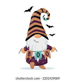 Hand drawn cute gnome in Halloween disguise with garland in his hands. T shirt design vector, Holidays greeting card. For flyers, invitations, posters. Happy Halloween Vector illustration.