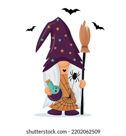 Hand drawn cute gnome in Halloween disguise with potion vial and witch's broom in his hands. T shirt design vector, greeting card. For flyers, invitations, posters. Happy Halloween Vector illustration