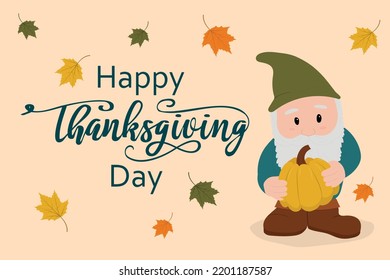 Hand drawn cute gnome holding pumpkin. Thanksgiving horizontal card. Vector illustration