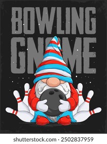 Hand drawn cute gnome holding a black bowling ball and set of white bowling pins on behind isolated