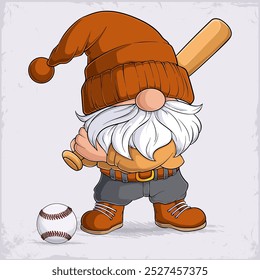 Hand drawn cute gnome holding baseball bat ready to strike the white stitched baseball ball isolated