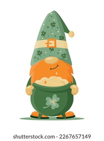 Hand drawn cute gnome in St Patrick's disguise with pot of gold. Irish gnome with shamrocks on hat for good luck. Vector illustration for cards, decor, shirt design, invitation, banner