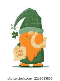 Hand drawn cute gnome in St Patrick's disguise with horseshoe and shamrock. Irish gnome  for good luck. Vector illustration for cards, decor, shirt design, invitation, banner