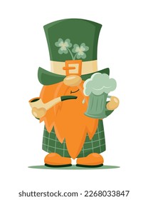 La mano dibujó un lindo gnomo en el disfraz de cerveza verde y pipa de tabaco de St Patrick. Un gnomo irlandés con ы de shamrockon en el sombrero por buena suerte. Ilustración vectorial para tarjetas, decoración, diseño de camisa, invitación, banner