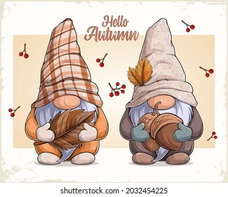 Hand drawn cute gnomes in autumn disguise holding nuts and leaf hello autumn text