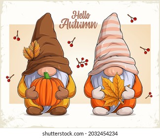 Hand drawn cute gnomes in autumn disguise holding pumpkin and maple leaf, hello autumn text