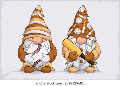 Hand drawn cute gnomes in brown and beige disguise holding baseball ball and bat on their hands