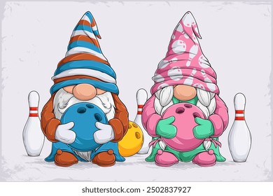 Hand drawn cute gnomes cheerleaders in bowling disguise holding bowling ball and pins on their sides