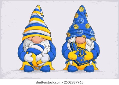 Hand drawn cute gnomes cheerleaders in volleyball disguise holding Volleyball ball and foam finger 